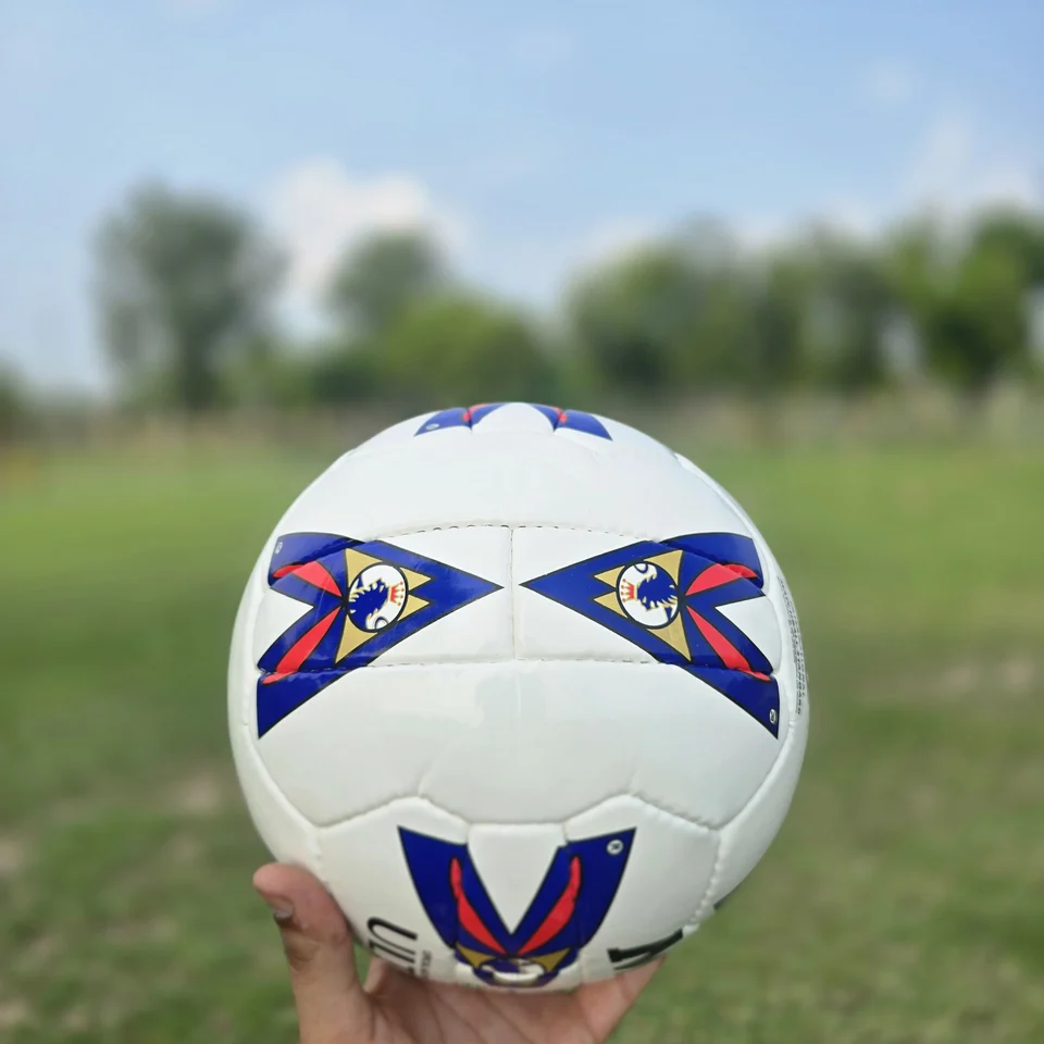 Red Blue Tournament-Style Hand-Stitched Football alternate front angle - white handmade football with red and blue printed panel artwork and match-ball styling