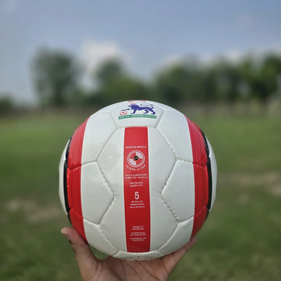 Red Vertical Stripe Hand-Stitched Football alternate front angle - white handmade football with red vertical stripe panels and printed badge detail