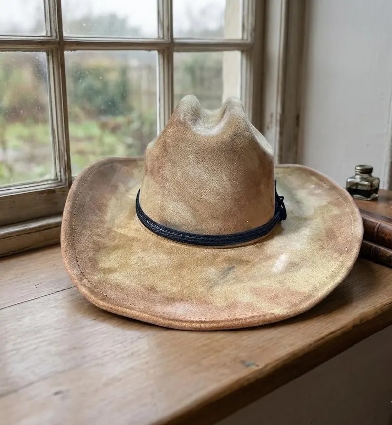 Tan Genuine Leather Western Cowboy Hat with Braided Hatband featured view