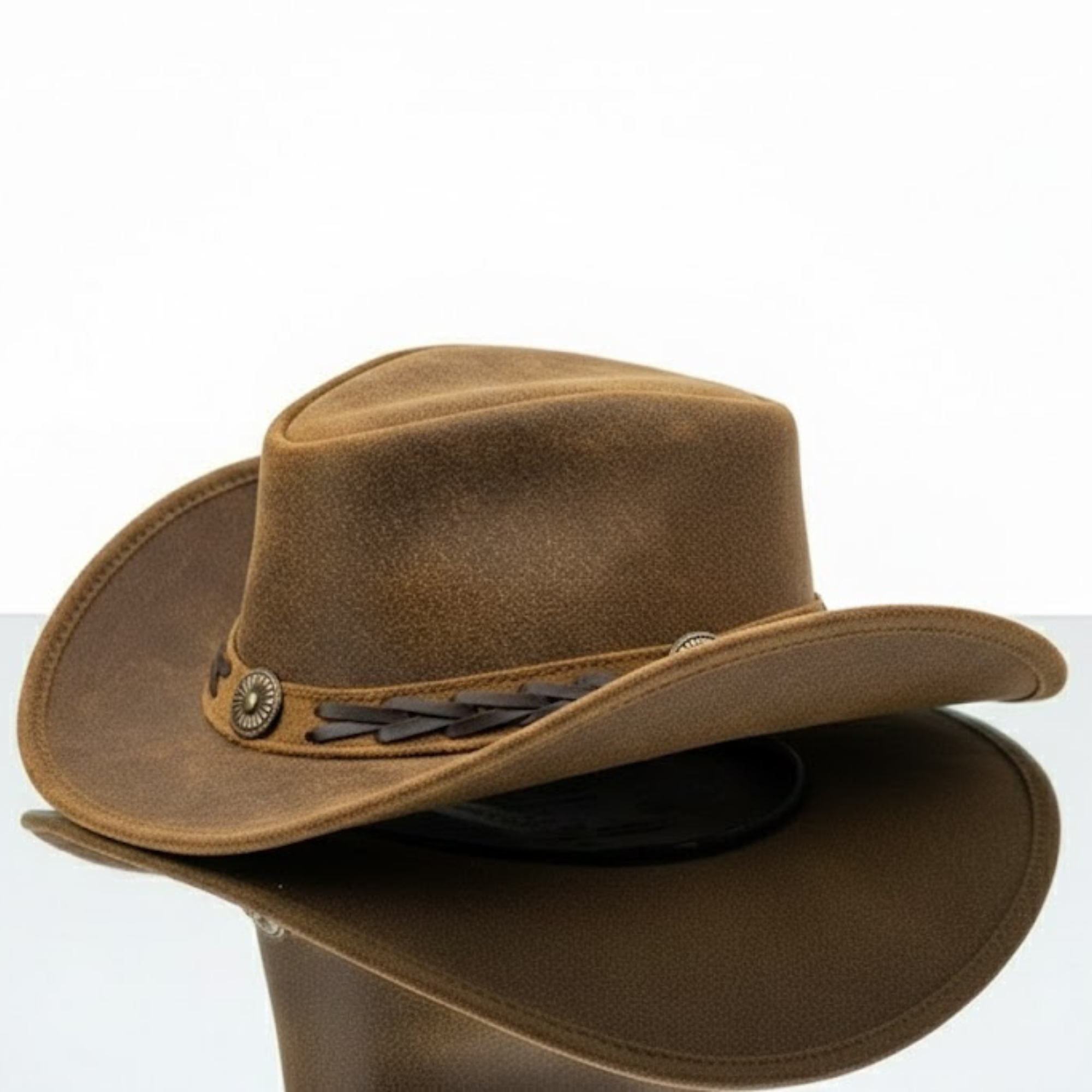 Tan Genuine Leather Western Cowboy Hat with Zipper Detail - Style 235 side angle