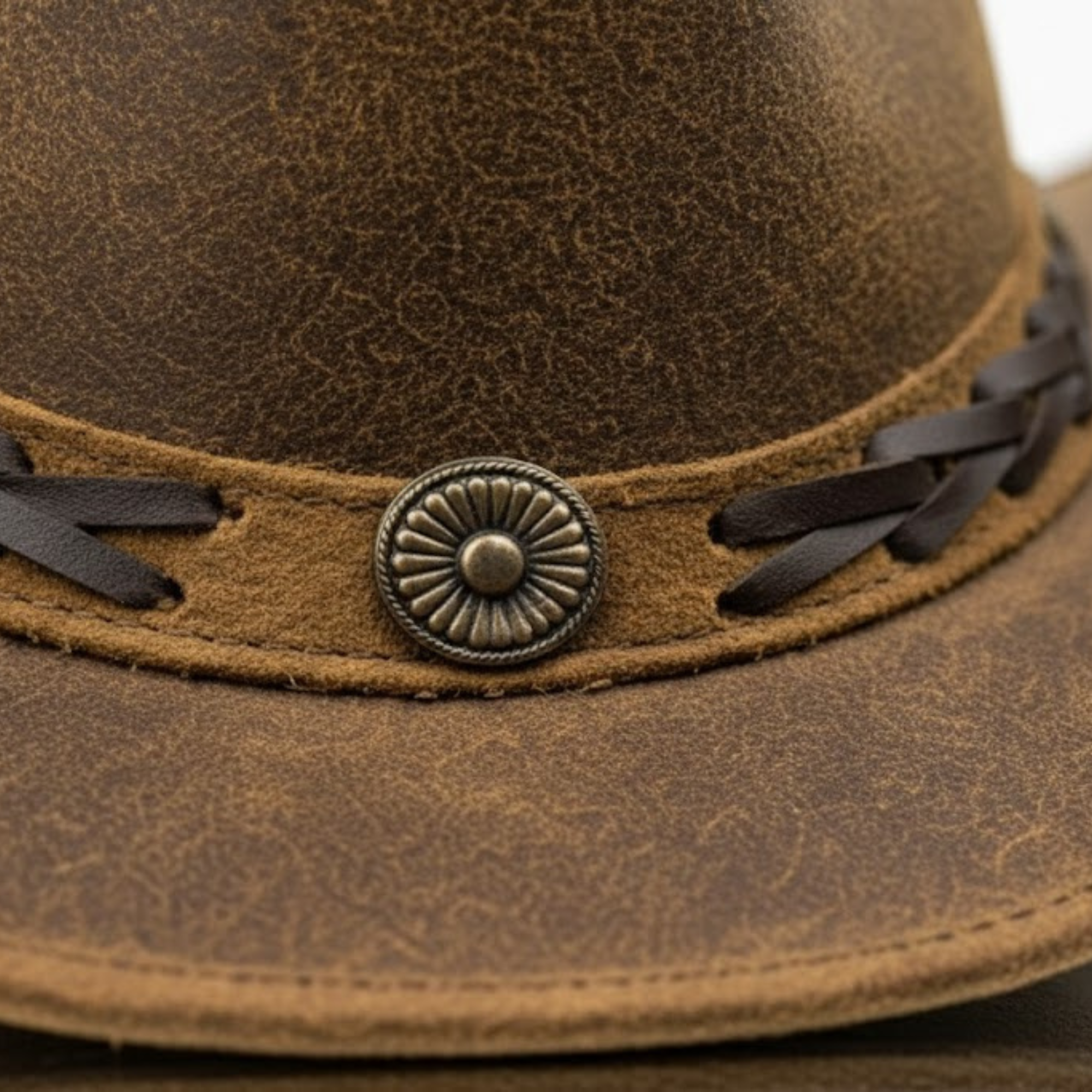 Tan Genuine Leather Western Cowboy Hat with Zipper Detail - Style 235 detail view