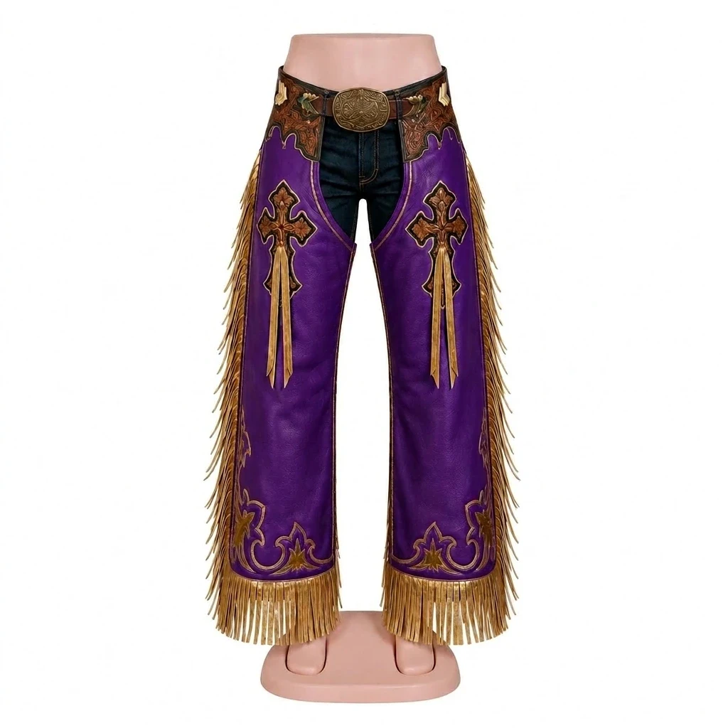 Tooling Leather Chaps – Western Leather Fringe Chaps, Purple Cross Tooled Rodeo Wear