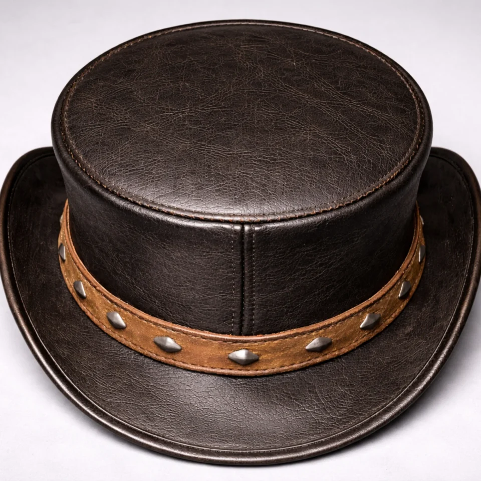 White Handmade Leather Costume Top Hat Style 010 back view - white costume top hat with structured crown