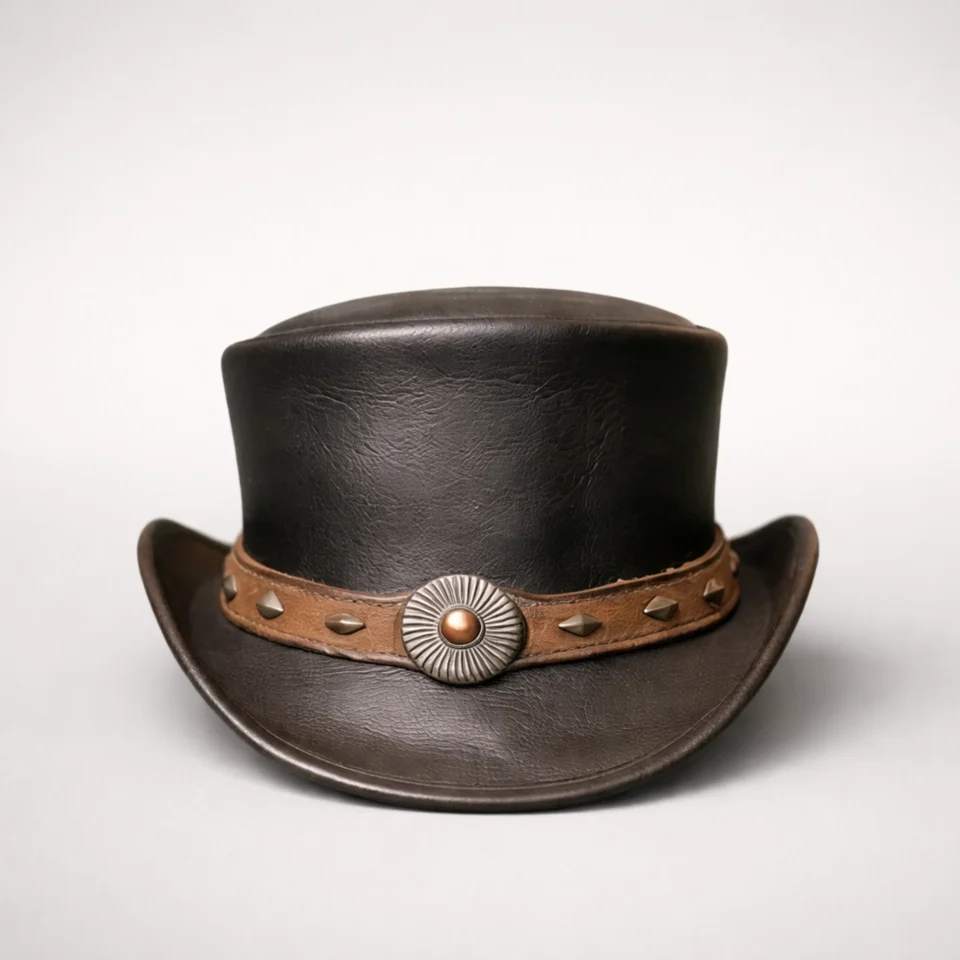 White Handmade Leather Costume Top Hat Style 010 front view - white costume top hat with structured crown