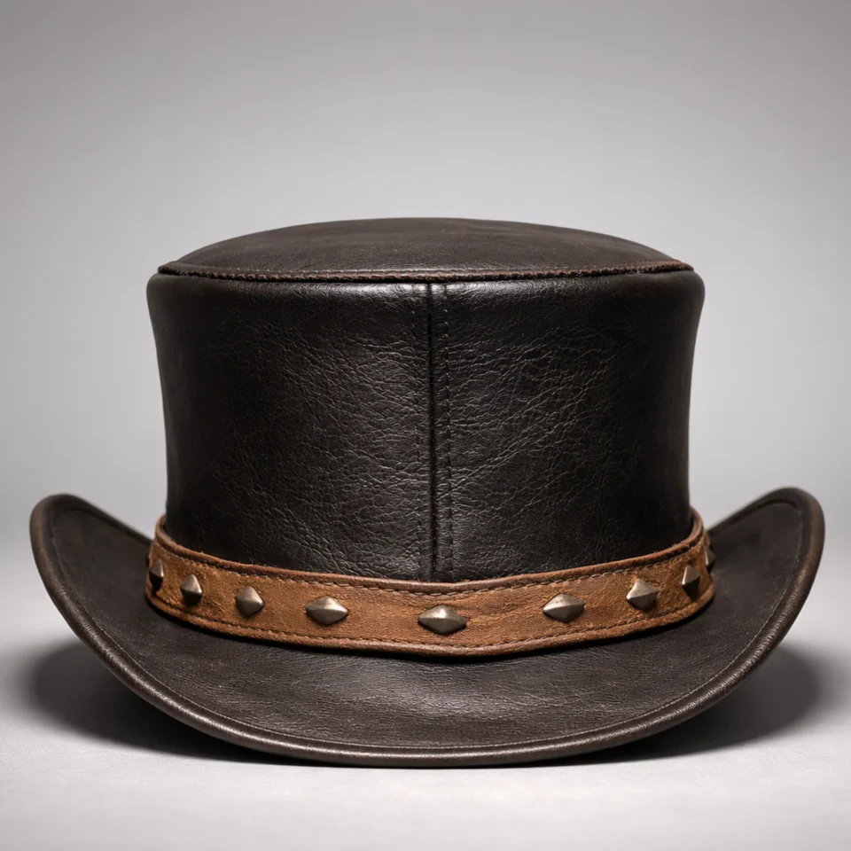 White Handmade Leather Costume Top Hat Style 010 three quarter view - white costume top hat with structured crown