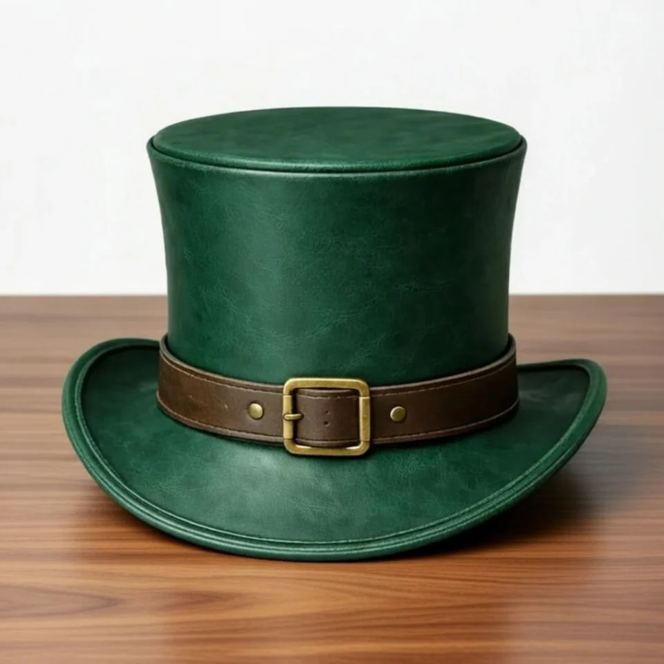 White Handmade Leather Costume Top Hat Style 031 front view - white costume top hat with structured crown