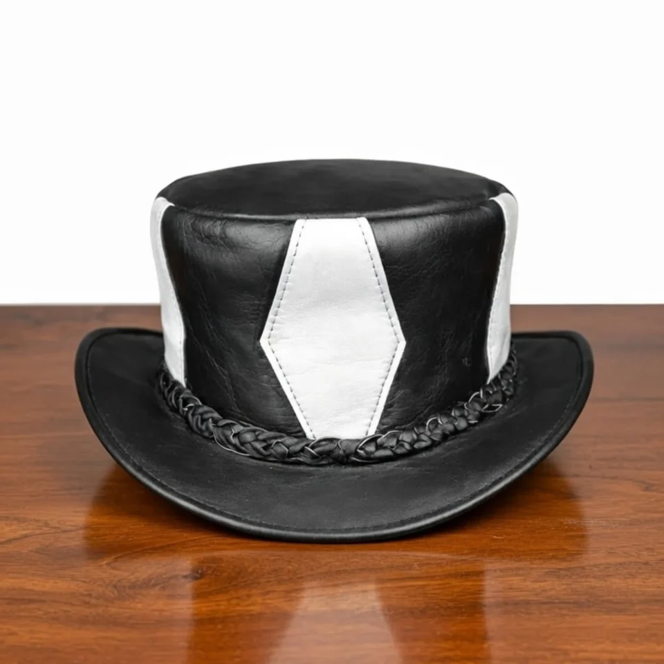 White Handmade Leather Costume Top Hat Style 052 front view - white costume top hat with structured crown