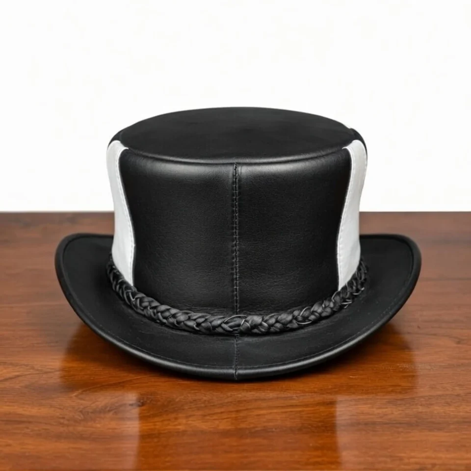White Handmade Leather Costume Top Hat Style 052 side view - white costume top hat with structured crown