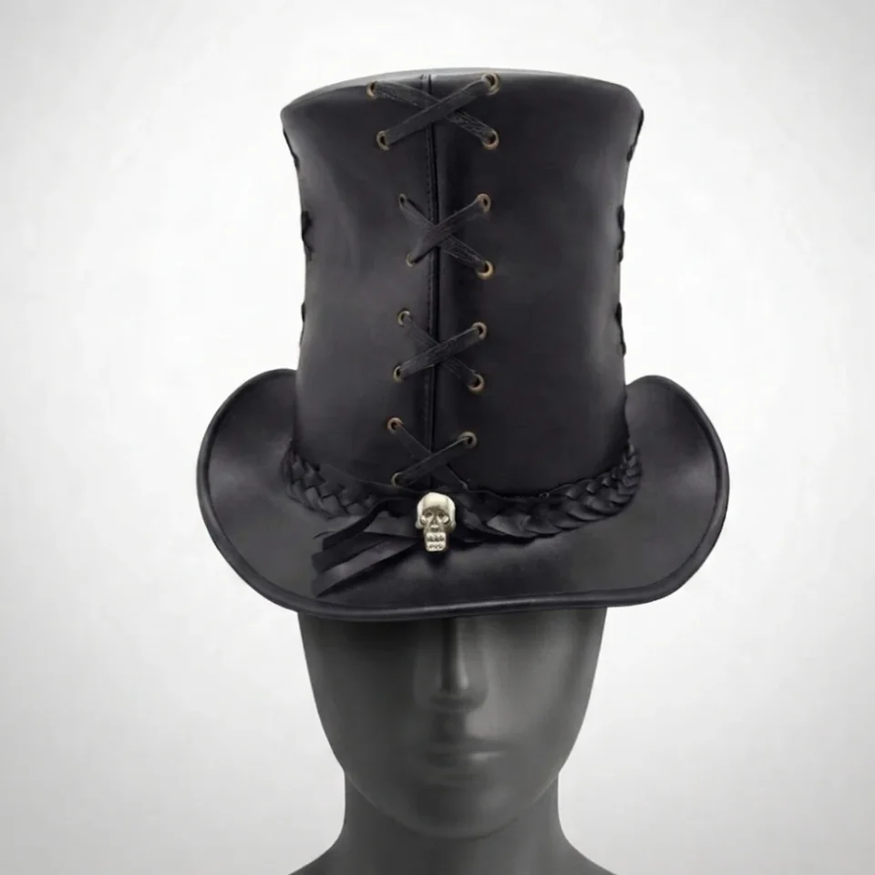 White Handmade Leather Costume Top Hat Style 070 back view - white costume top hat with structured crown
