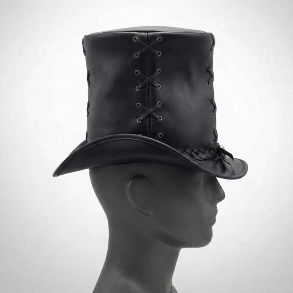 White Handmade Leather Costume Top Hat Style 070 detail view - white costume top hat with structured crown