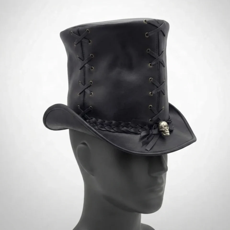 White Handmade Leather Costume Top Hat Style 070 front view - white costume top hat with structured crown