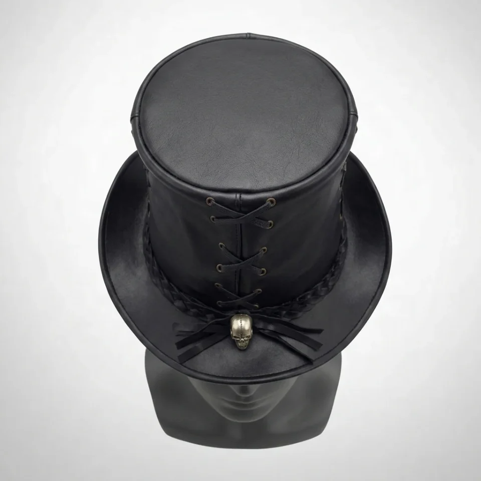 White Handmade Leather Costume Top Hat Style 070 side view - white costume top hat with structured crown