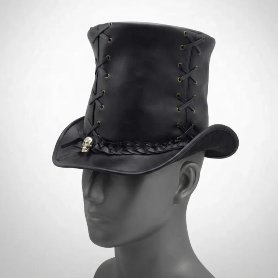 White Handmade Leather Costume Top Hat Style 070 three quarter view - white costume top hat with structured crown