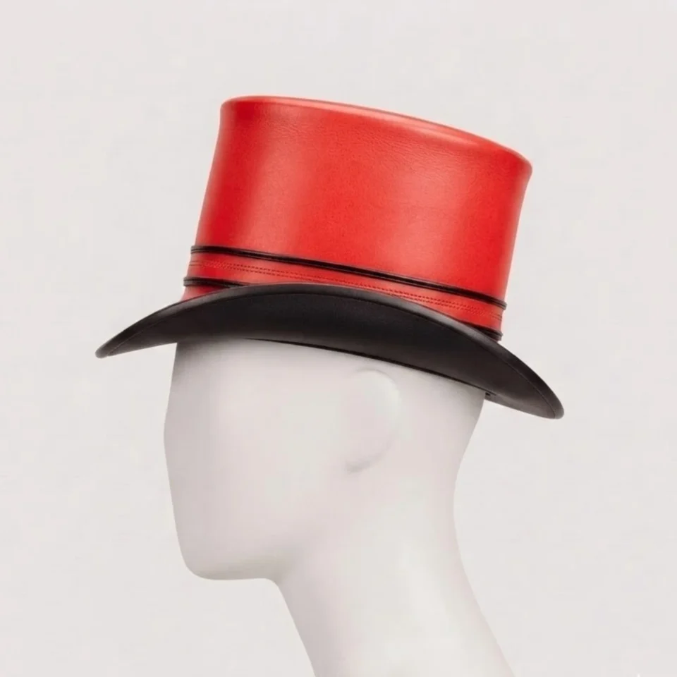 White Handmade Leather Costume Top Hat Style 076 detail view - white costume top hat with structured crown