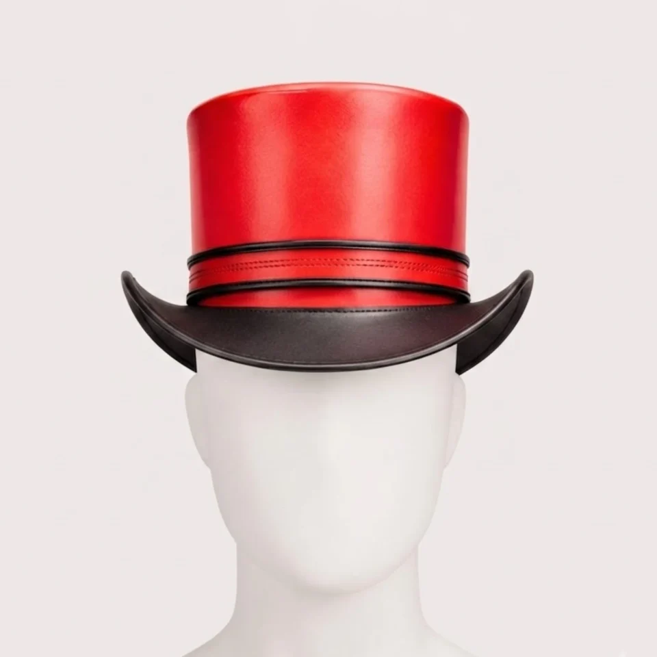 White Handmade Leather Costume Top Hat Style 076 side view - white costume top hat with structured crown