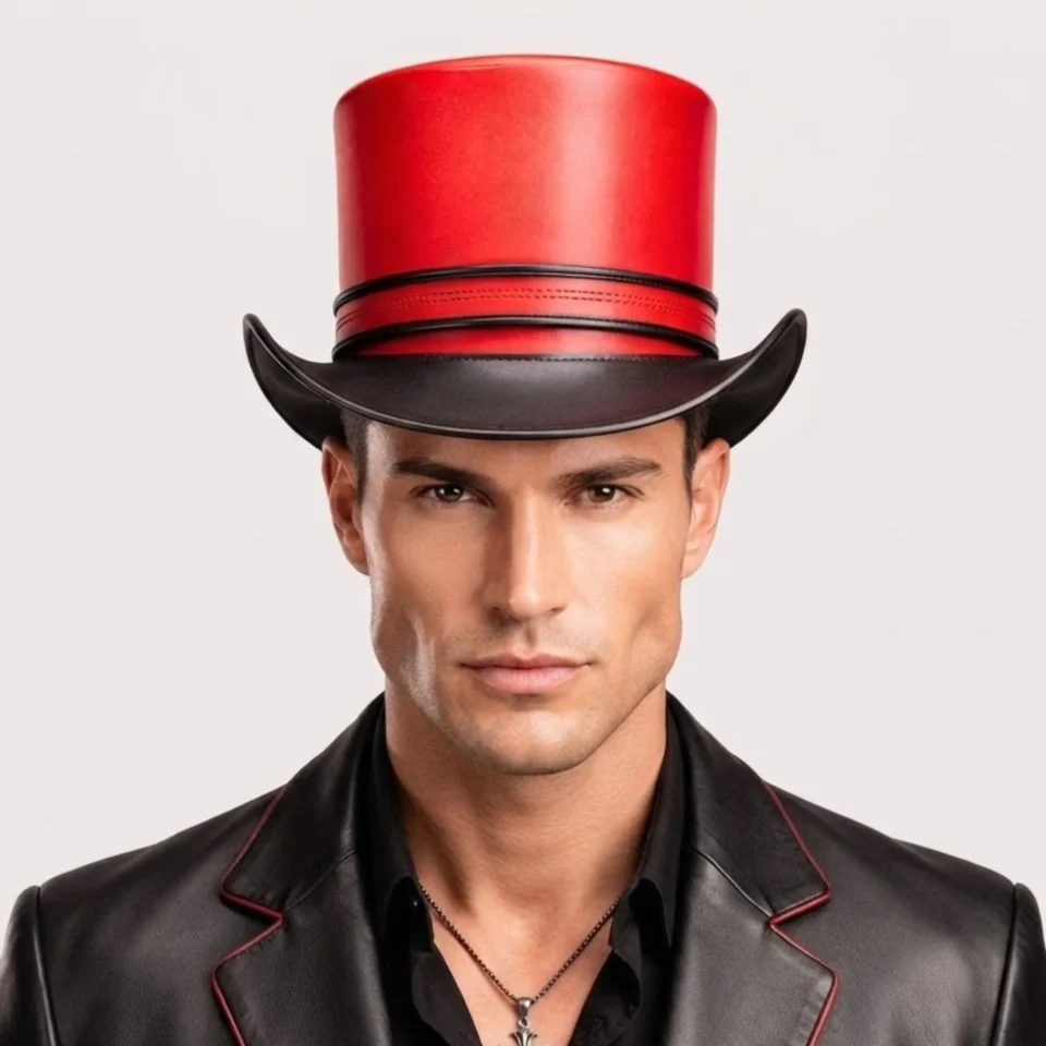 White Handmade Leather Costume Top Hat Style 076 three quarter view - white costume top hat with structured crown