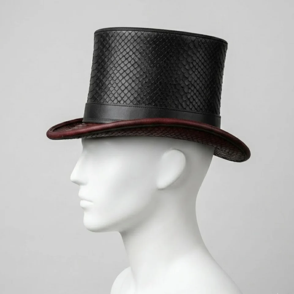 White Handmade Leather Costume Top Hat Style 079 back view - white costume top hat with structured crown