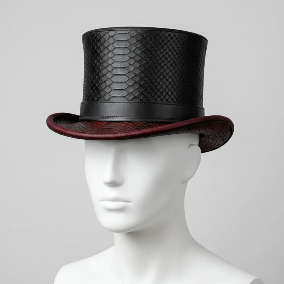 White Handmade Leather Costume Top Hat Style 079 side view - white costume top hat with structured crown