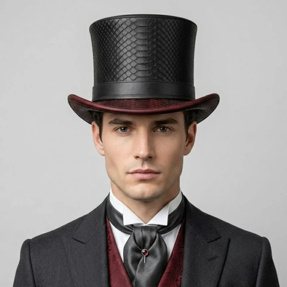 White Handmade Leather Costume Top Hat Style 079 three quarter view - white costume top hat with structured crown