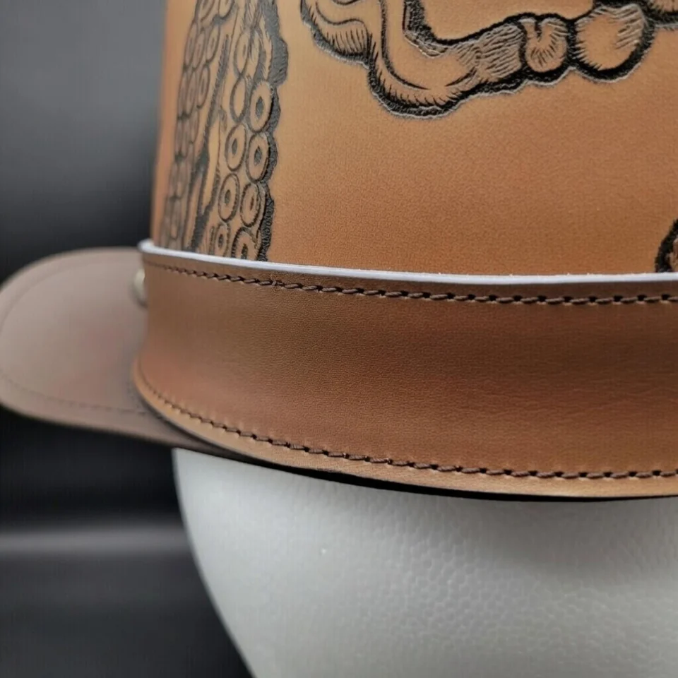 White Handmade Leather Costume Top Hat Style 184 detail view - white costume top hat with structured crown