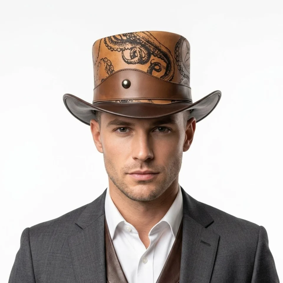 White Handmade Leather Costume Top Hat Style 184 front view - white costume top hat with structured crown