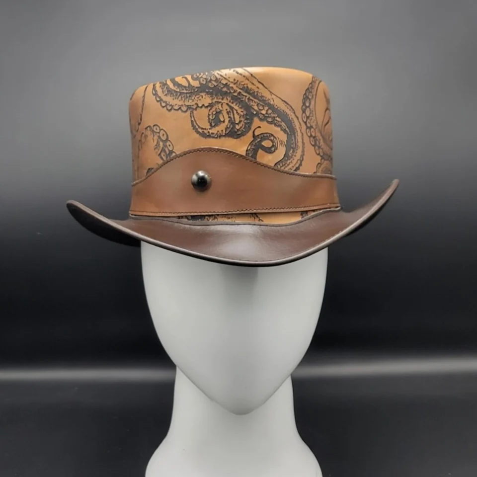White Handmade Leather Costume Top Hat Style 184 side view - white costume top hat with structured crown