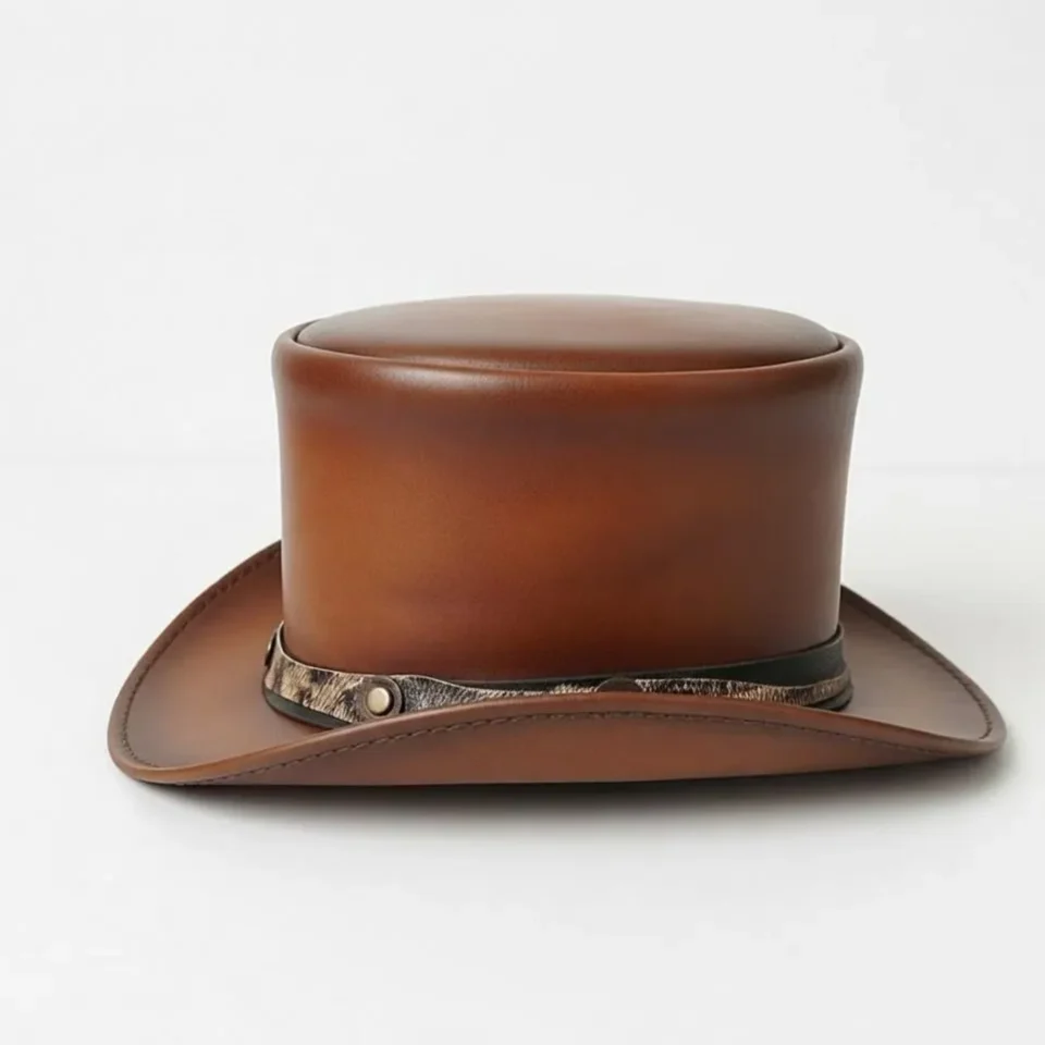 White Handmade Leather Costume Top Hat Style 187 detail view - white costume top hat with structured crown
