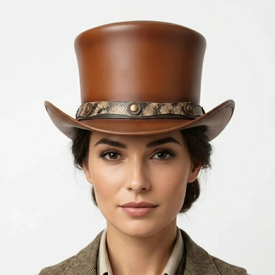 White Handmade Leather Costume Top Hat Style 187 front view - white costume top hat with structured crown