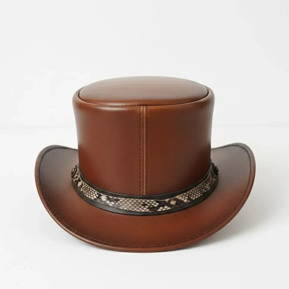 White Handmade Leather Costume Top Hat Style 187 side view - white costume top hat with structured crown
