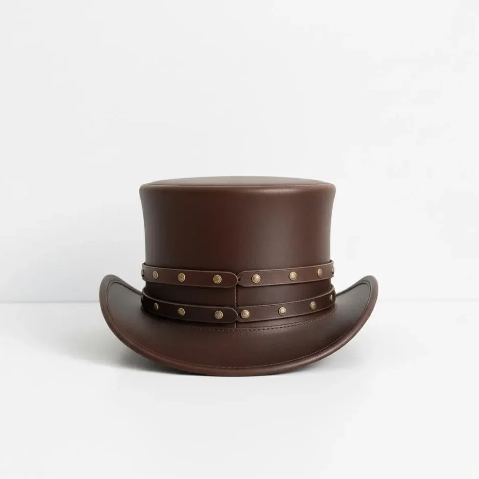 Brown Top Hat with Stud Accents back view - dark brown tall top hat / western top hat
