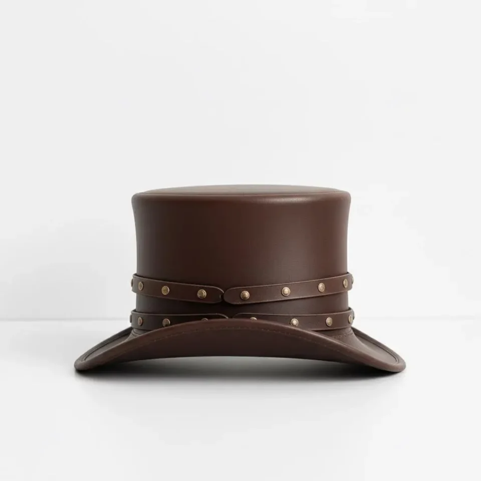 Brown Top Hat with Stud Accents detail view - dark brown tall top hat / western top hat