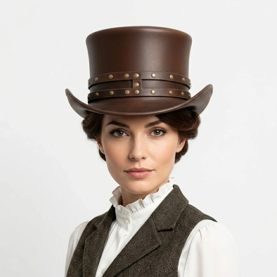 Brown Top Hat with Stud Accents front view - dark brown tall top hat / western top hat