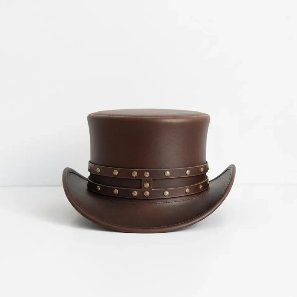 Brown Top Hat with Stud Accents side view - dark brown tall top hat / western top hat