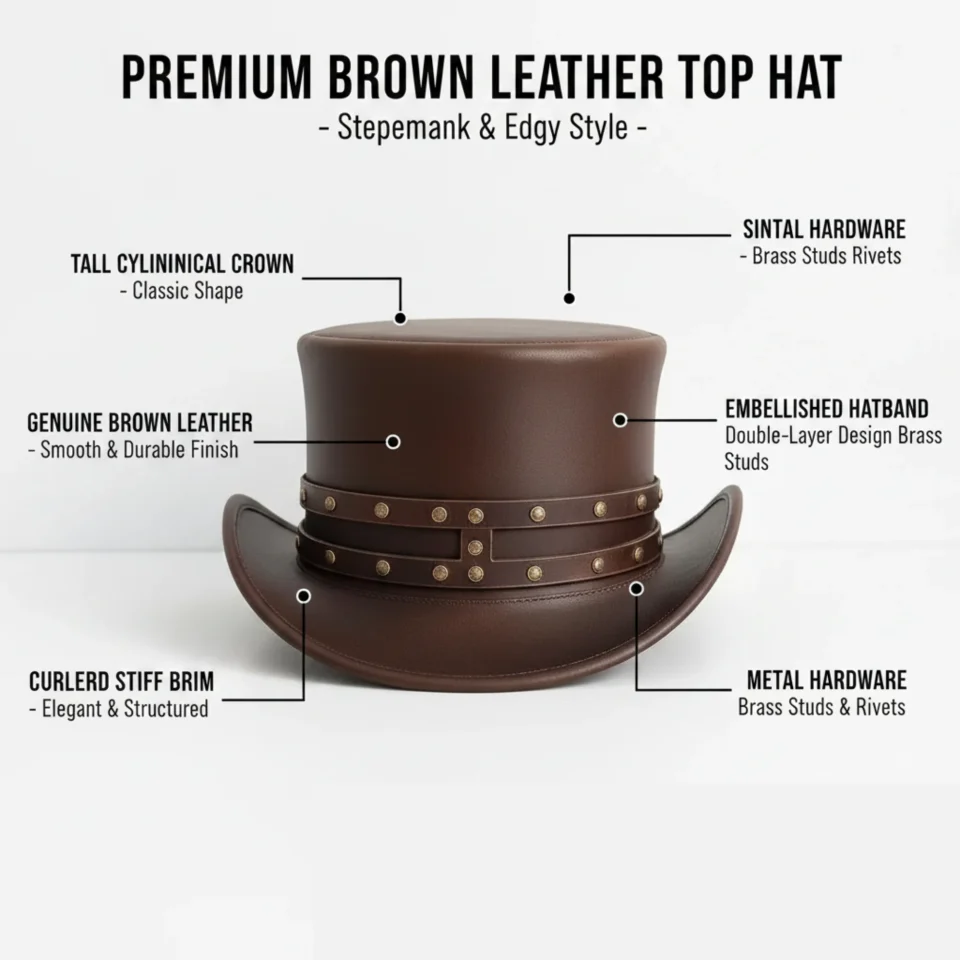 Brown Top Hat with Stud Accents three-quarter view - dark brown tall top hat / western top hat