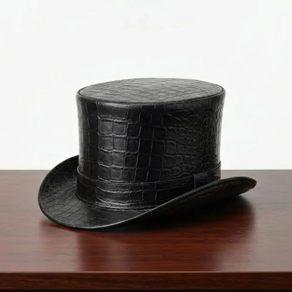 White Handmade Leather Festival Top Hat Style 008 front view - white costume top hat with structured crown