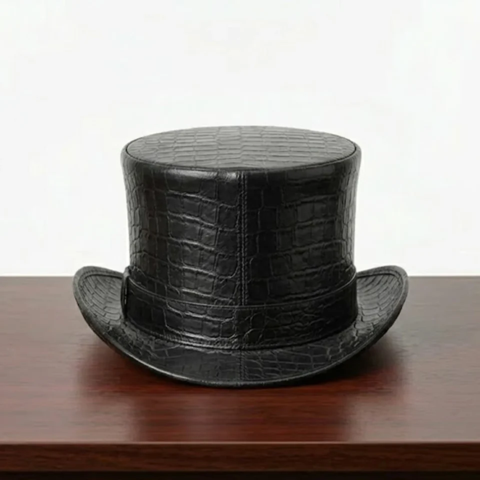 White Handmade Leather Festival Top Hat Style 008 three quarter view - white costume top hat with structured crown