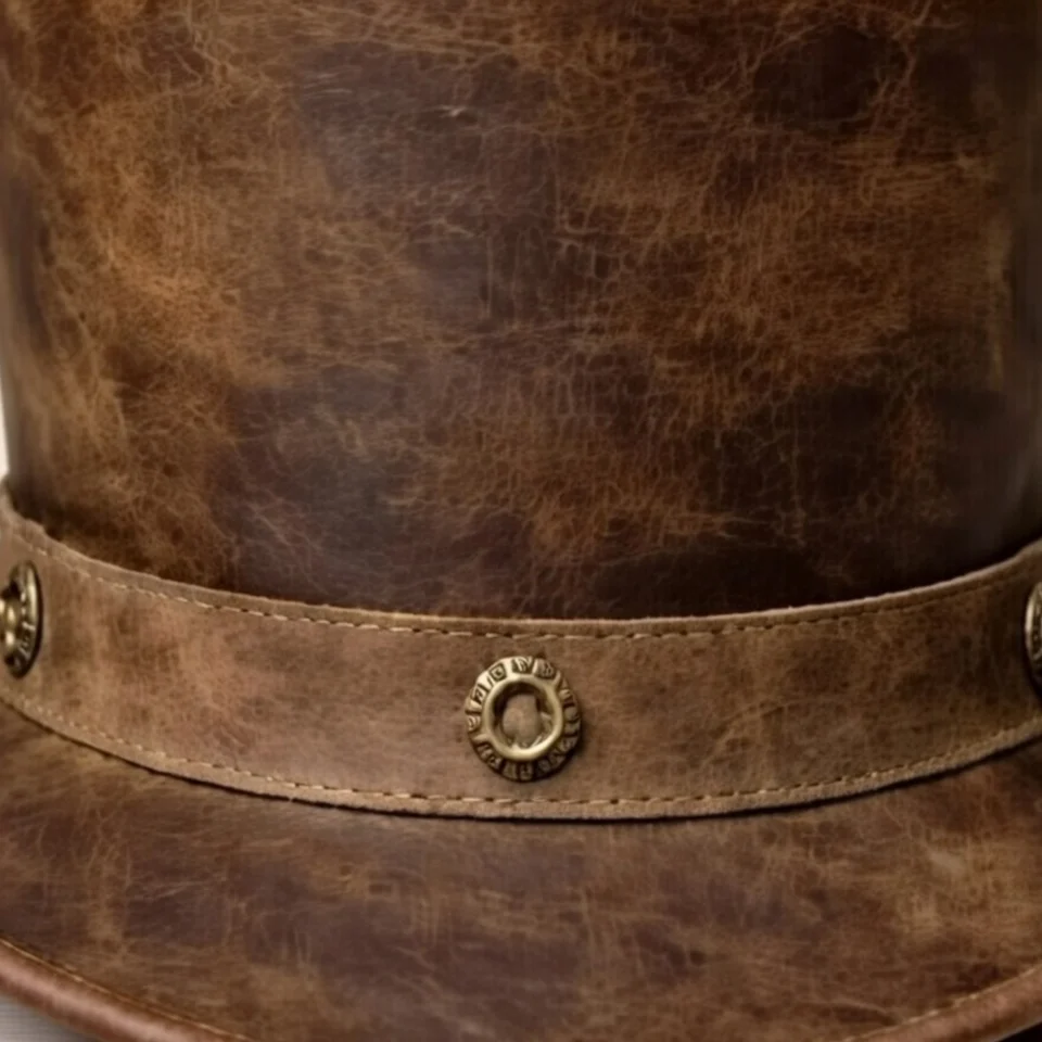 White Handmade Leather Festival Top Hat Style 011 back view - white costume top hat with structured crown