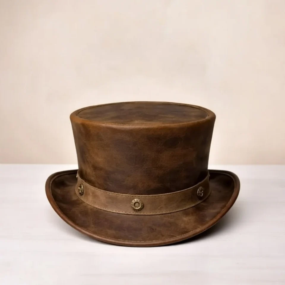 White Handmade Leather Festival Top Hat Style 011 front view - white costume top hat with structured crown