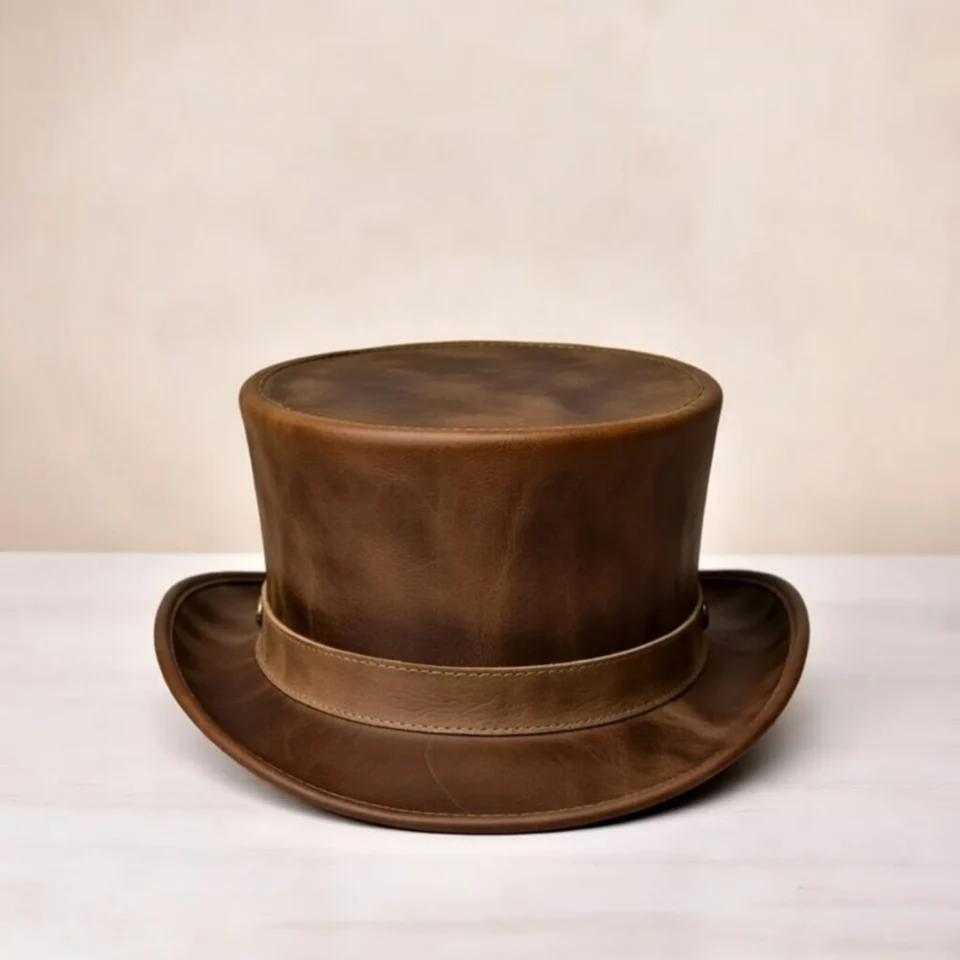 White Handmade Leather Festival Top Hat Style 011 side view - white costume top hat with structured crown