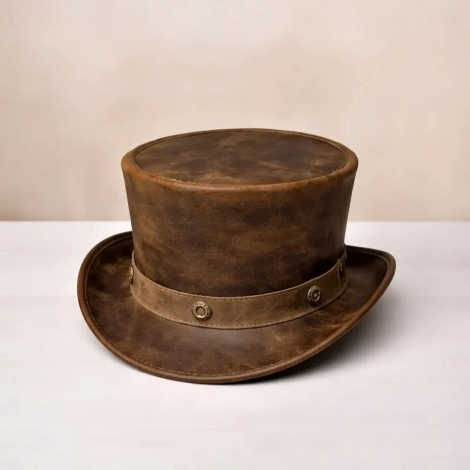 White Handmade Leather Festival Top Hat Style 011 three quarter view - white costume top hat with structured crown