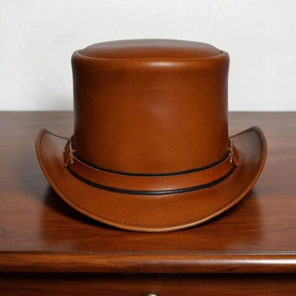 White Handmade Leather Festival Top Hat Style 044 back view - white costume top hat with structured crown