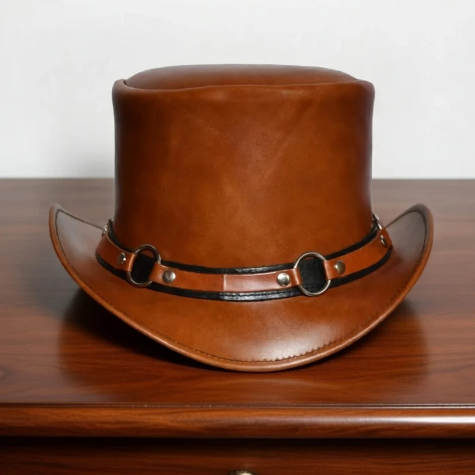 White Handmade Leather Festival Top Hat Style 044 front view - white costume top hat with structured crown