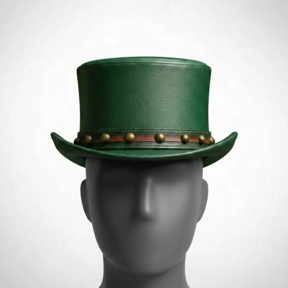 White Handmade Leather Festival Top Hat Style 068 back view - white costume top hat with structured crown