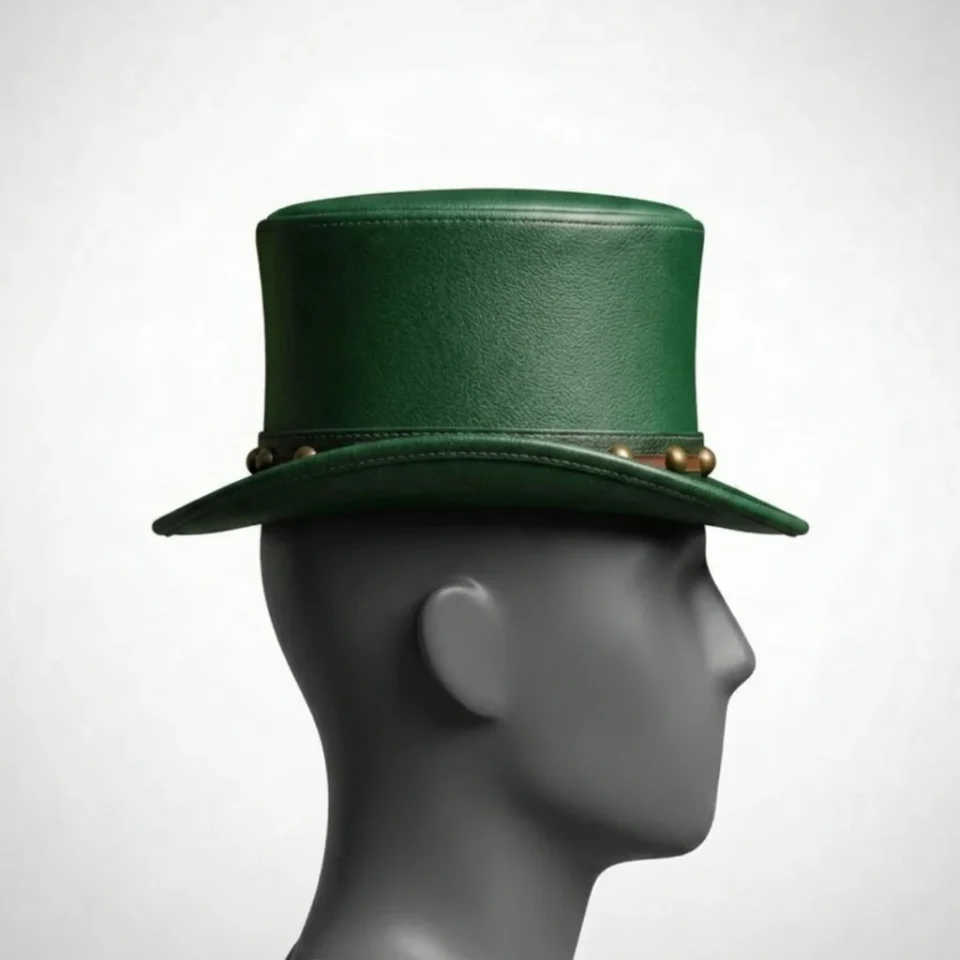 White Handmade Leather Festival Top Hat Style 068 detail view - white costume top hat with structured crown