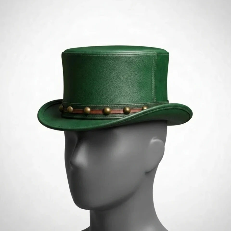 White Handmade Leather Festival Top Hat Style 068 front view - white costume top hat with structured crown