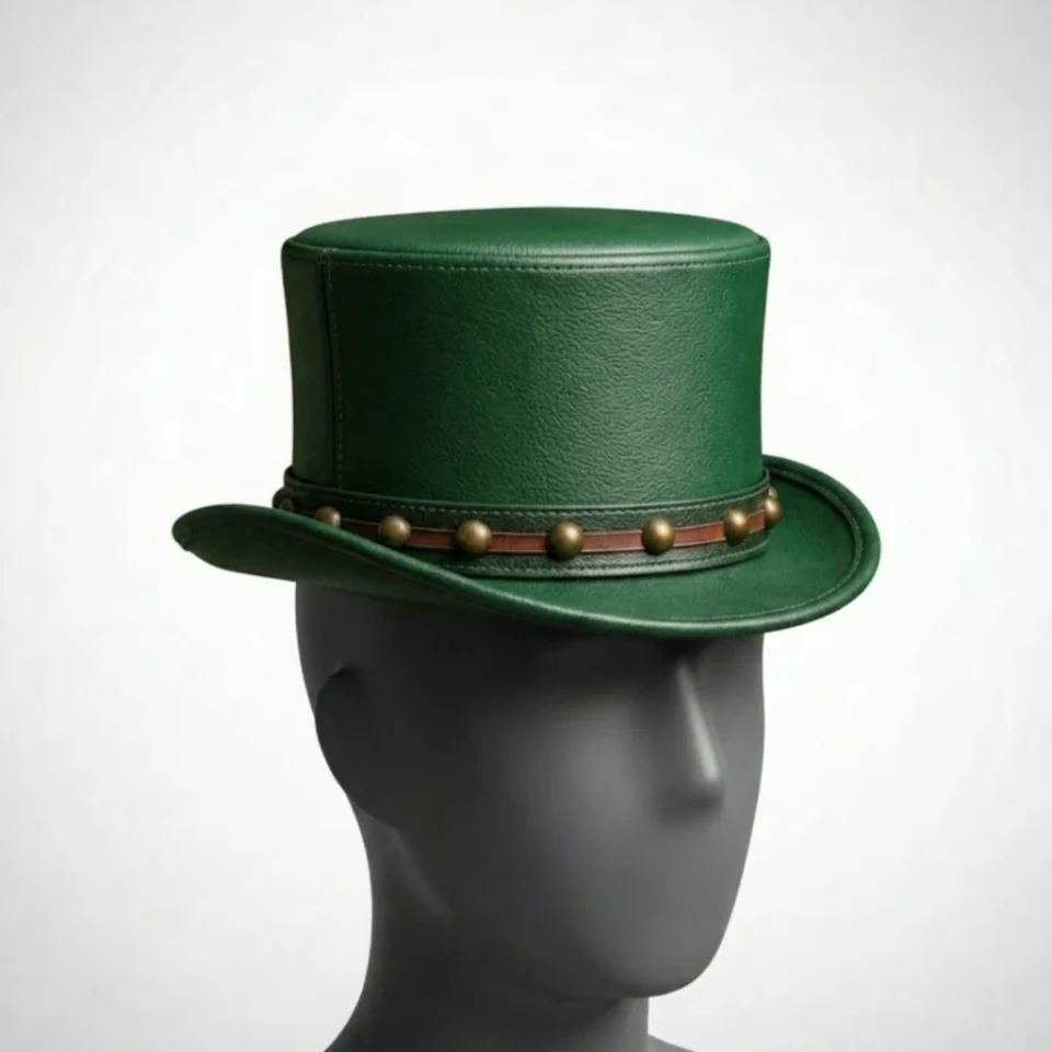 White Handmade Leather Festival Top Hat Style 068 three quarter view - white costume top hat with structured crown