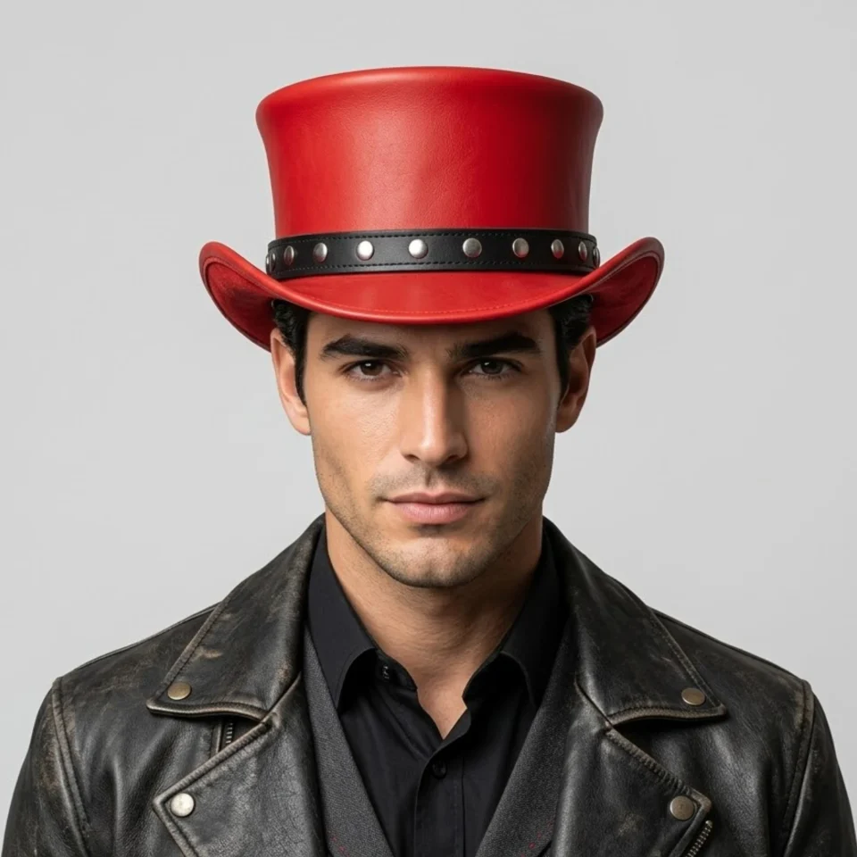 White Handmade Leather Festival Top Hat Style 080 gallery view 05 - white costume top hat with structured crown