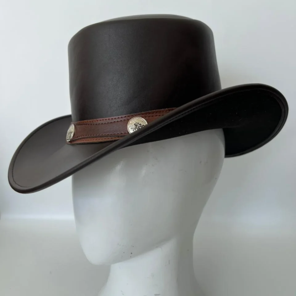 White Handmade Leather Festival Top Hat Style 107 back view - white costume top hat with structured crown