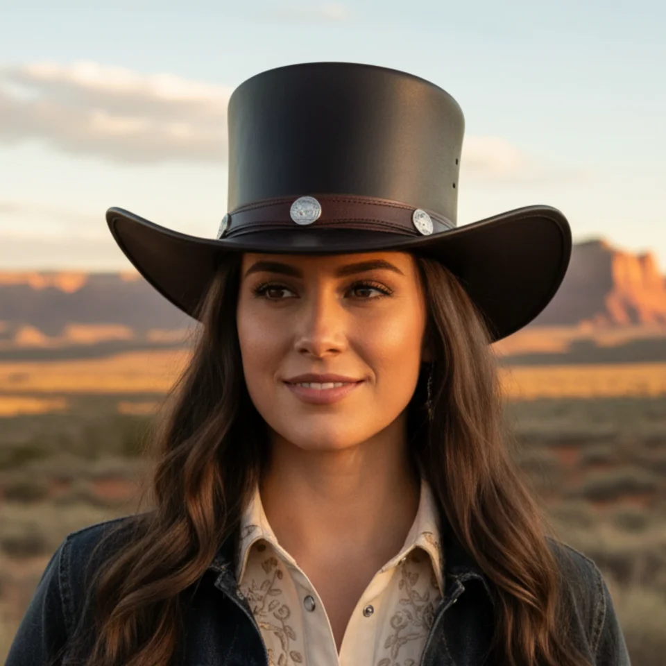 White Handmade Leather Festival Top Hat Style 107 front view - white costume top hat with structured crown