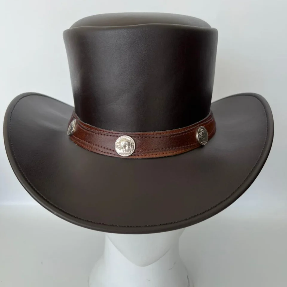 White Handmade Leather Festival Top Hat Style 107 side view - white costume top hat with structured crown